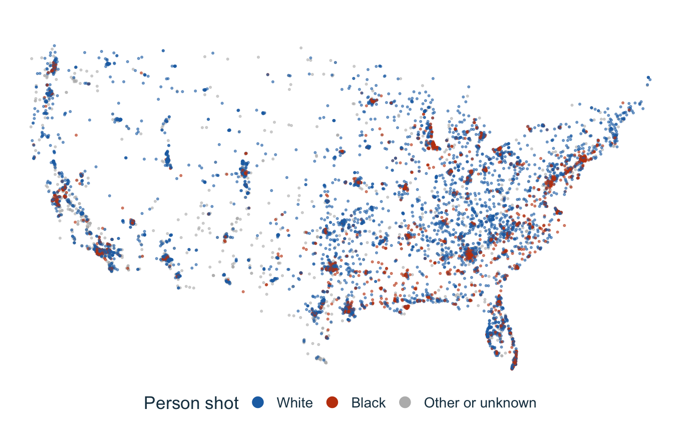 Dot map of every fatal police shooting in the contiguous US, 2015 to 2024, Black and White victims coloured