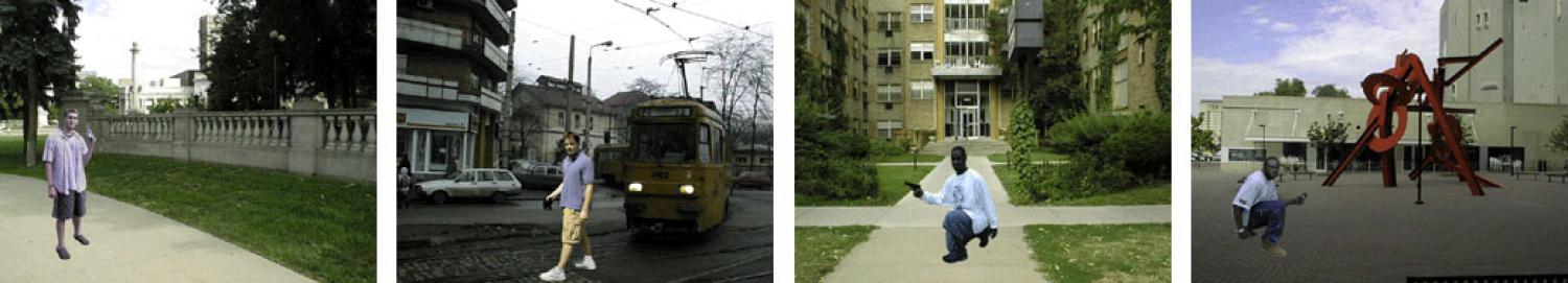 Four first-person shooter task stimuli: men holding a gun or a harmless object, pasted onto photographs of parks and streets